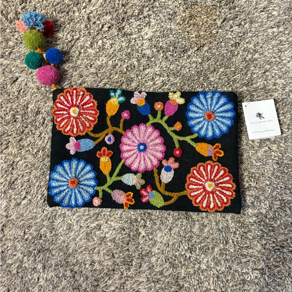 Noonday Collection Clutch Hand Embroidered Wool Zip Pouch